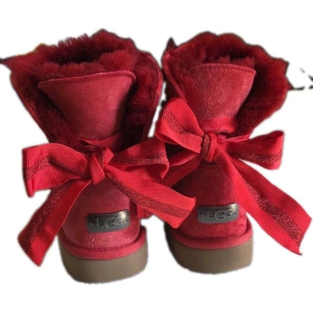 UGG Customizable Mini Bailey Ribbon Red Suede Sheepskin Ankle Boots Size 8 Women